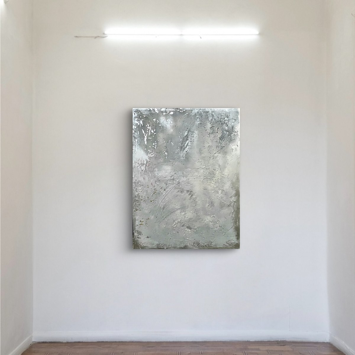 Silver Ingot by Clarisse Noelle — joint compound, spray paint + ink on up-cycled canvas