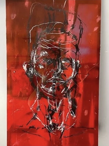 Open Portrait on red — Black + white line portrait on red · Old work